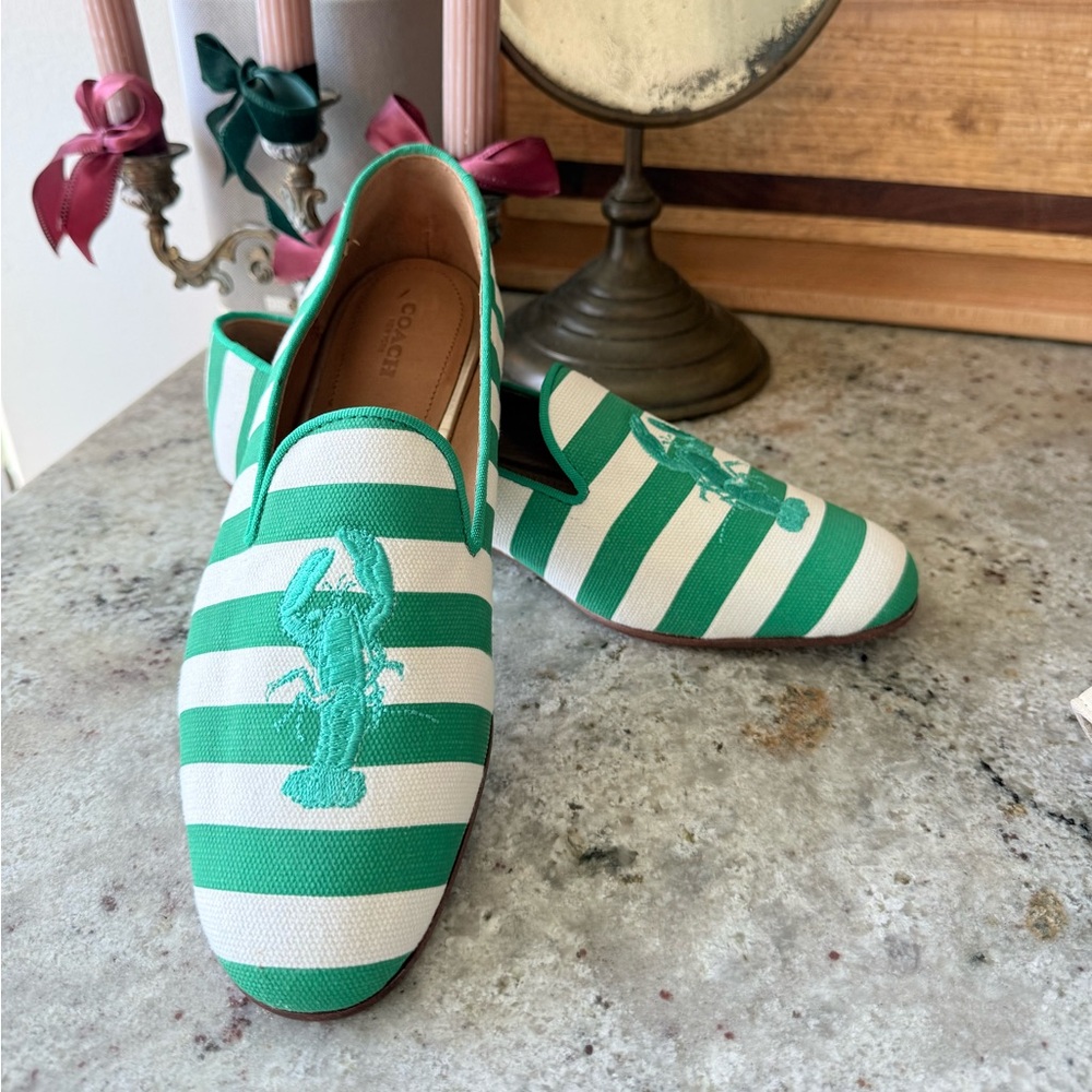 Coach Lobster Stripe Loafers Size 10B | Green White Preppy Coastal Flats - Picture 4 of 4